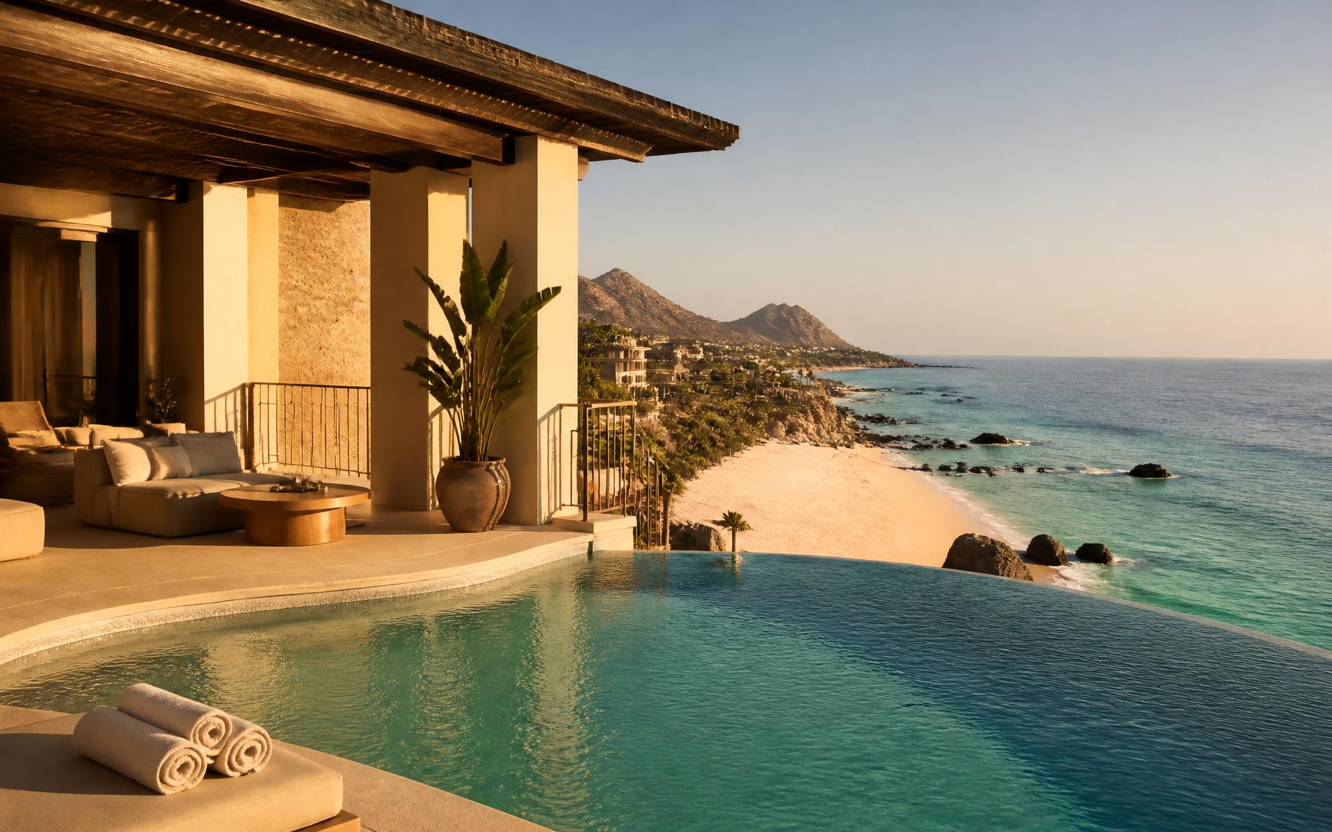 Coastal resort terrace with an infinity pool overlooking the ocean at golden hour